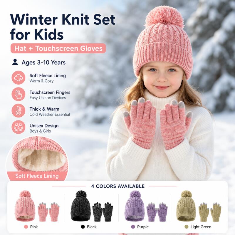 Touch Screen Gloves - طقم قبعة شتوية محبوكة للأطفال مع