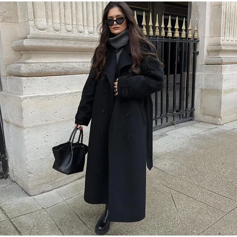 Wool Coat Peacoat - معطف أنيق بحزام رمادي طويل من