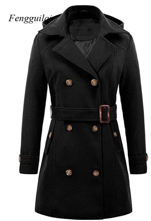 معطف نسائي أسود بقلنسوة وحزام، - مراجعة Wool Coat Peacoat وسعره